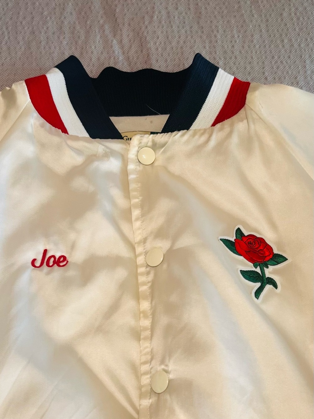 White Satin Jacket with Red Rose Embroidery